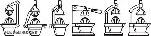 A series of illustrations depicting various types of manual citrus juicers. Vector