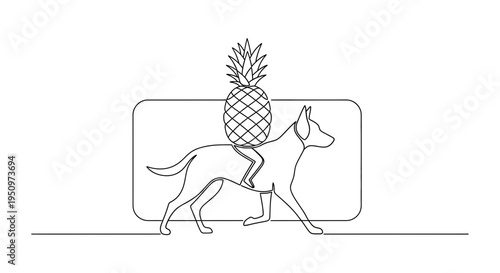 Dog Riding Pineapple, Surreal Line Art, Whimsical Animal and Fruit Combination