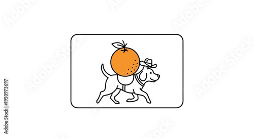 Dog wearing cowboy hat carrying orange on back, funny cartoon illustration