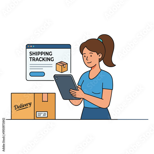 Woman tracks shipping delivery on tablet with boxes nearby indoors.