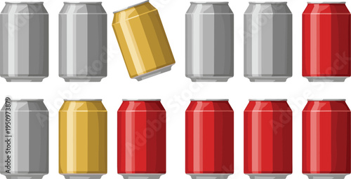 Aluminum Soda Can Set with Silver Gold and Red Beverage Cans in Different Positions for Soft Drink Packaging Product Mockup and Refreshment Illustration.