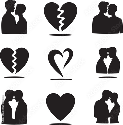 black silhouette icons of couples and hearts on white background