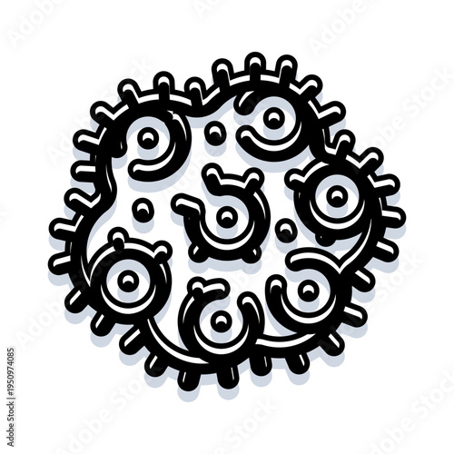 Abstract microscopic cell or organism icon in black and white line art with subtle drop shadow on white background, modern minimal biology and microbiology concept illustration