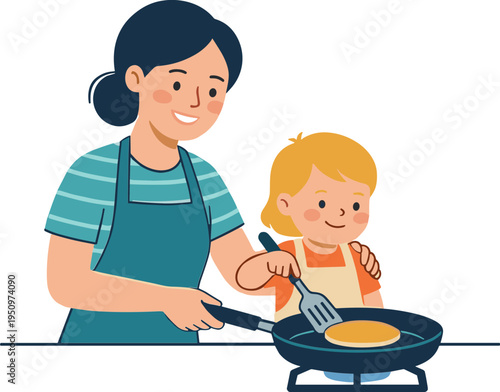 Woman cooks with child making omelette in kitchen at home indoors