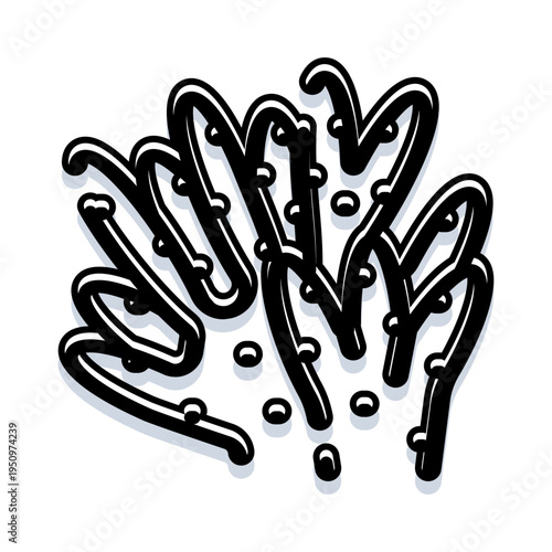 Stylized hand drawn black line art of abstract underwater coral flora forming a decorative, minimal reef element on a white background for marine design projects