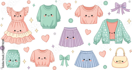 Cute kawaii girls outfit vector illustration set with dresses, skirts, sweaters and accessories, pastel fashion clothing collection with adorable characters design