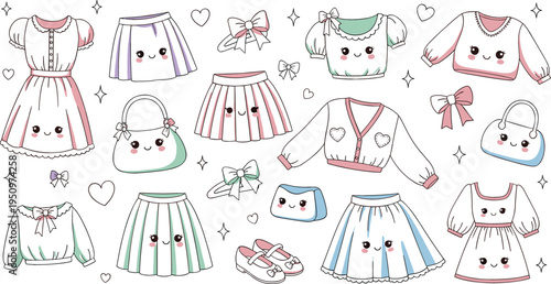 Cute kawaii girls clothing collection vector illustration with dresses, skirts, sweaters and accessories, pastel fashion outfit set with adorable characters