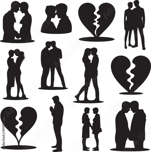 Black silhouettes of couples and broken hearts on white background