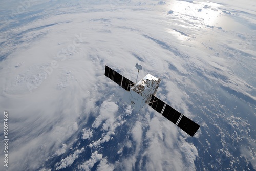 Satellite Modern Weather Observation Platform Orbiting High Above Earth Capturing Detailed Cloud Patterns Atmospheric Data for Climate Monitoring and Forecasting