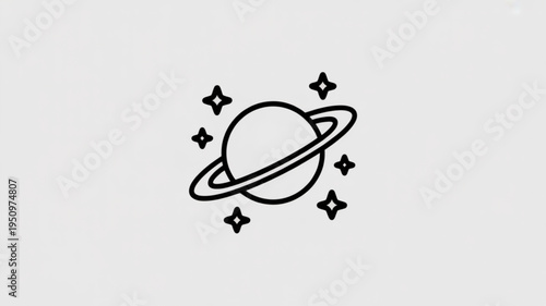 Simple line art icon of a planet with rings and stars representing space exploration and astronomy perfect for science websites or educational materials