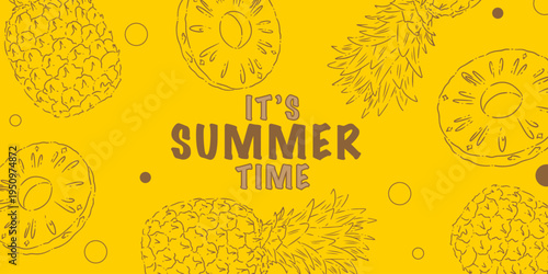 It's Summer Time Illustration - Tropical Pineapple Fruit Outline Pattern with Slices on Vibrant Yellow Background