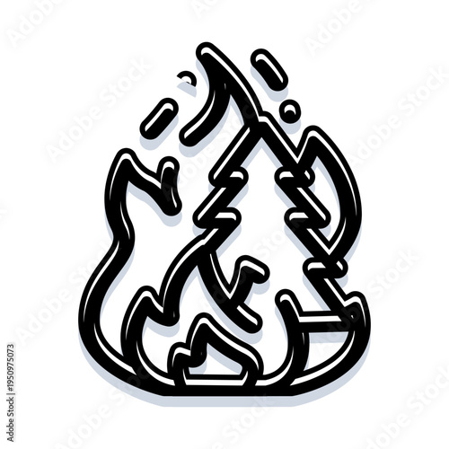 Stylized black outline of a blazing pine tree, depicting the concept of a burning forest fire, natural disaster, global warming, destruction, and urgency on a white background