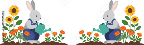 Cute Bunny Gardening Illustration Set with Rabbit Watering Flowers and Sunflowers for Kids Storybooks Spring Garden Scenes Nature Education and Creative Design.