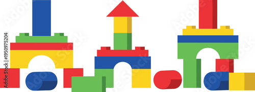 Colorful Toy Building Blocks Structures with Creative Construction Shapes for Kids Education Preschool Learning Playtime and Early Childhood Development Illustration.