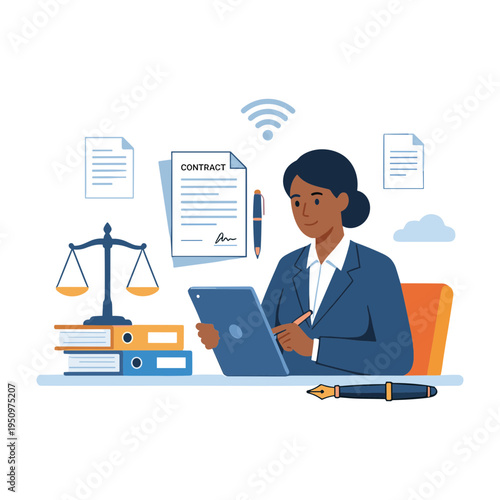 A professional woman works on a laptop surrounded by legal documents and office supplies.