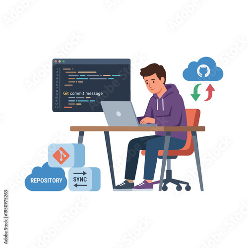 A man works on laptop with coding on screen in office