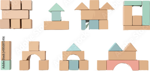 Wooden Building Blocks Toy Set with Creative Construction Shapes for Kids Learning Education Preschool Play and Early Childhood Development Illustration.