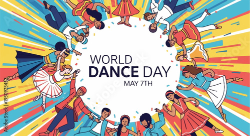 Vibrant illustration of diverse people dancing together celebrating world dance day on may 7th with colorful rays