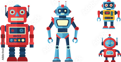 Cute Cartoon Robot Characters Collection Featuring Friendly Colorful Android Mascots for Kids Technology Robotics Education Sci Fi Themes and Creative Design Projects.