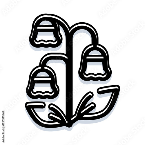 Lily of the valley icon in a bold line art style, featuring delicate bell shaped blossoms and green leaves symbolizing spring, growth, and natural beauty