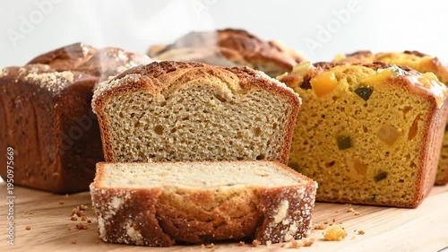 Assortment of Freshly Baked Loaf Cakes and Breads on a Wooden Board