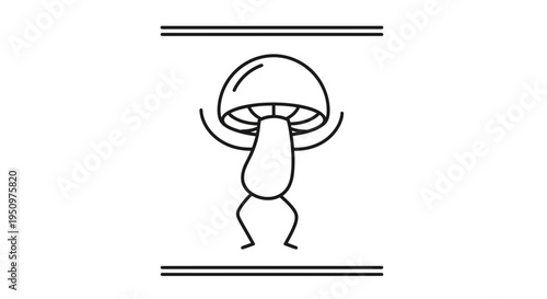 Dancing Mushroom Character with Arms Raised, Whimsical Line Art