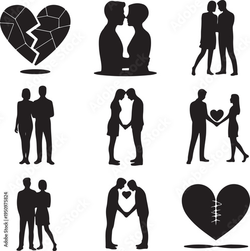 Black silhouettes of couples and hearts on white background