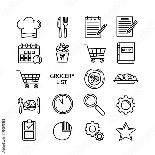 Grocery list icons on white background.