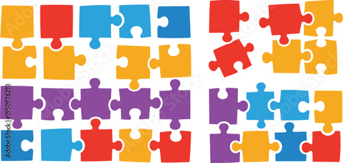 Colorful Puzzle Pieces Collection with Interlocking Jigsaw Shapes for Teamwork Problem Solving Education Strategy Games and Creative Concept Design.