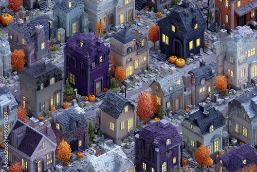Isometric Halloween town seamless pattern with graveyard, old houses, pumpkins, autumn trees, and stone pathways creating spooky festive atmosphere in detailed miniature village