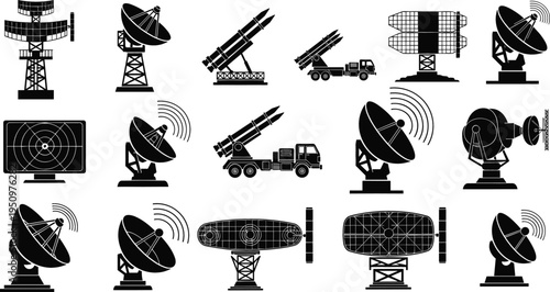 Satellite dish and radar antenna silhouettes vector illustration set with communication technology equipment, military and space signal systems icons collection