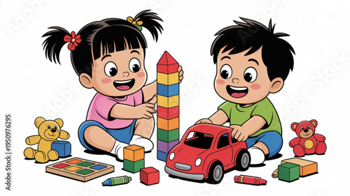 Two happy children playing with colorful building blocks and toys representing childhood fun and early development isolated on white background