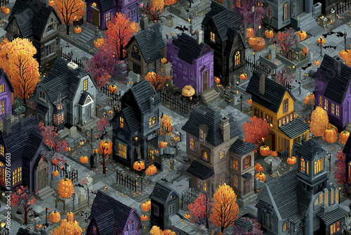Isometric Halloween town seamless pattern with spooky houses, glowing windows, autumn trees, and carved pumpkins creating mysterious and festive atmosphere at night