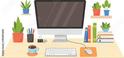 Modern Home Office Workspace Illustration with Computer Monitor Keyboard Mouse Coffee Books and Indoor Plants for Remote Work Productivity and Desk Setup Design.
