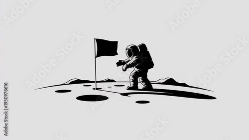 Astronaut planting a flag on the moon surface minimalist vector illustration for space exploration and science concepts isolated on white
