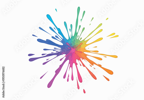 Dynamic rainbow paint splatter creating an abstract design with a vibrant burst of color on a clean white background, symbolizing artistic expression and creative energy