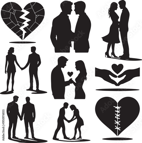 black silhouettes of couples and hearts on white background