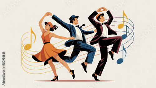 Retro dancers in vintage clothing performing a lively swing dance surrounded by musical notes perfect for event promotion or historical concept