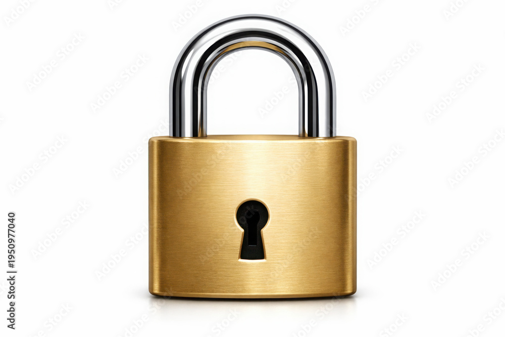Fototapeta premium Shiny golden padlock with a silver shackle and black keyhole, symbolizing security, protection, and privacy on a clean white background