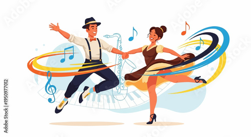 Joyful couple dancing together with colorful swirling lines and music notes in lively atmosphere