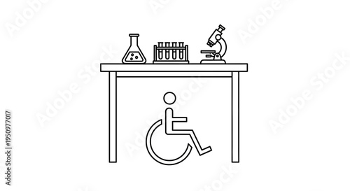 Accessible science lab table with wheelchair symbol and equipment