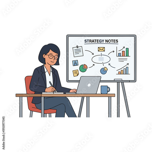 Woman sitting at desk with laptop and mug in front of strategy notes board