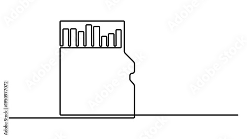 Micro sd card with gold contacts isolated on transparent background continuous one line drawing. SD card for digital cameras. Memory sd card icon. Media, photos, gigabytes, megabytes