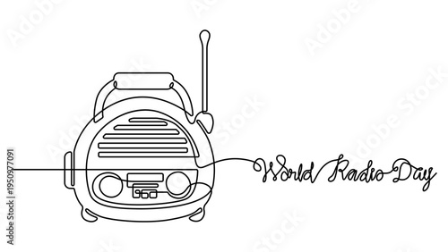 Continuous one line drawing of retro classic radio player. Vintage analog, World radio day concept in single line vector illustration. one line art icon drawing vector