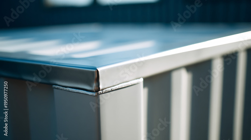 Close-up detail of a modern metal surface with polished edges and a sturdy construction, reflecting ambient light from above creating soft highlights