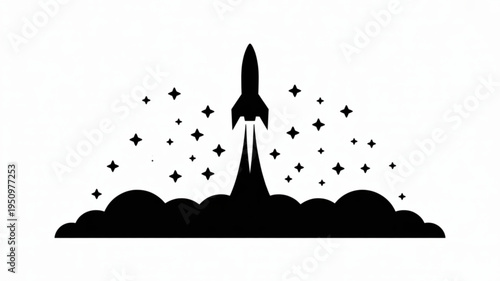 Black silhouette of a rocket launching into space surrounded by stars and clouds representing startup exploration and success