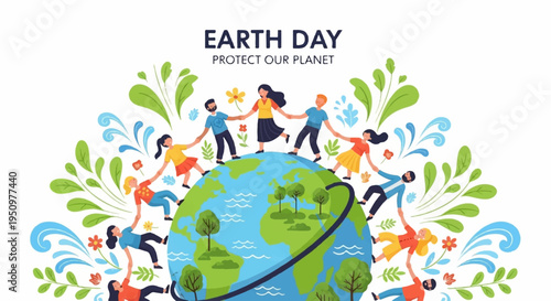 Diverse people holding hands around the earth with leaves and water splashes on white background earth day concept with eco friendly theme