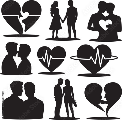 Black silhouettes of couples and hearts on white background