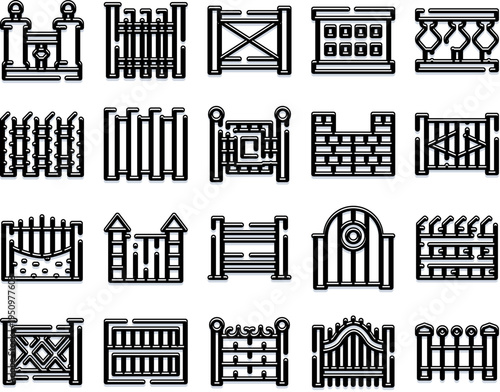 Collection of various fence and gate line icons depicting different designs, materials, and styles for property boundaries, security, and decorative architectural elements