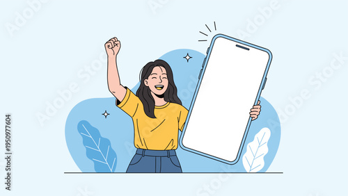 Enthusiastic woman celebrating success and holding a large blank smartphone screen, ideal for mobile app advertising.